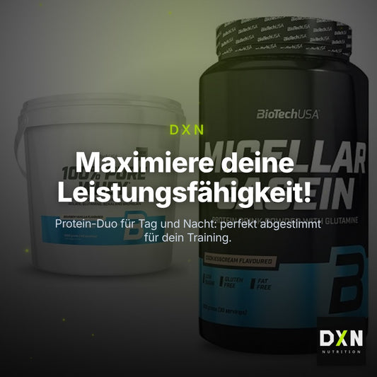 BioTech USA Protein-Duo Tag & Nacht: 100% Pure Whey + Micellar Casein – Clean Showcase Plus